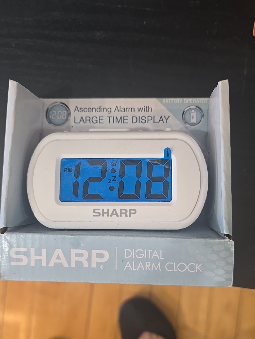 Sharp White Digital Alarm Clock with Blue Display
